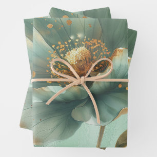 Elegante Gold- & Smaragd-Mohn-Hochzeitsverpackung Geschenkpapier Set
