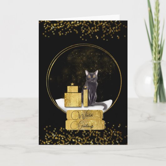 Elegante Gold Snow Globe mit einer Katze Weihnacht Karte (Vorderseite)