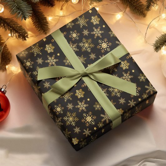 Elegante Gold Snowflake Schwarzer Hintergrund Weih Geschenkpapier