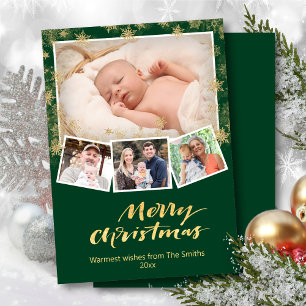 Elegante Gold Snowflakes Chic Script Modern Green Feiertagskarte