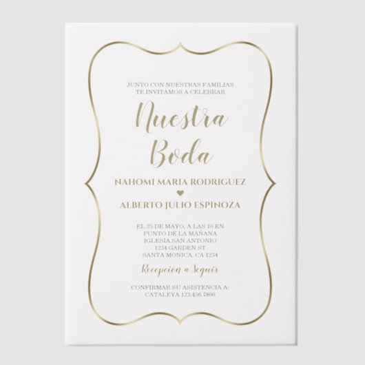 Elegante Gold Spanish Nuestra Boda Wedding Pergament Einladungen (Vorderseite)
