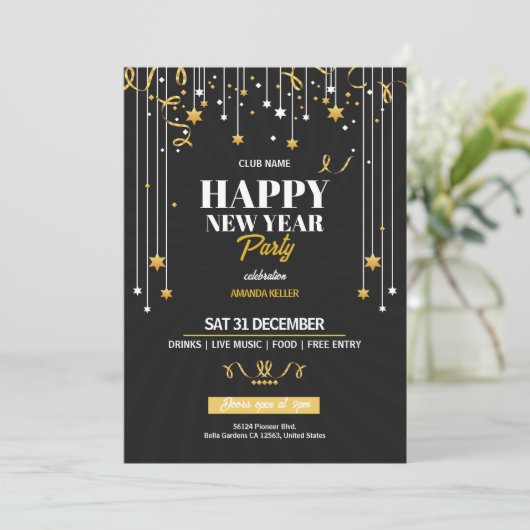 Elegante Gold Stars Silvester-Party Einladung (Stehend Vorderseite)