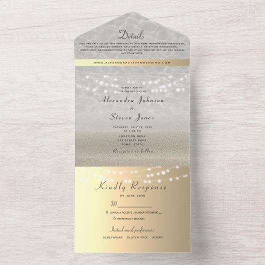 Elegante Gold String Lights Hochzeit All In One Einladung (Innen Boden)