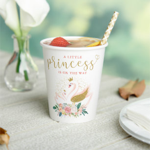 Elegante Gold Swan Princess Pink Floral Baby Dusch Pappbecher