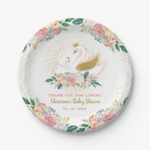 Elegante Gold Swan Princess Pink Floral Baby Showe Pappteller