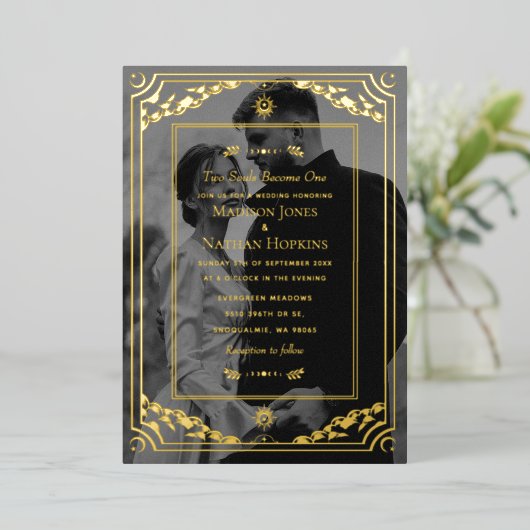 Elegante Gold Tarot Card Hochzeit Foto Einladung (Stehend vorne)