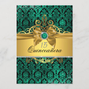 Elegante Gold Teal Damast Quinceanera-Einladung Einladung