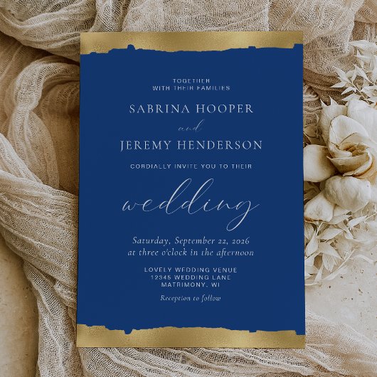 Elegante Gold Torn Edge Indigo Blue Wedding Einladung
