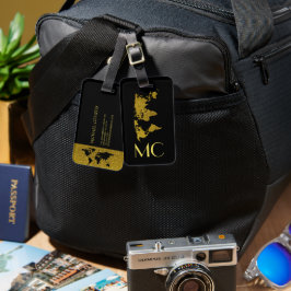 Elegante Gold Travel World Map Mit Monogramm Name Gepäckanhänger