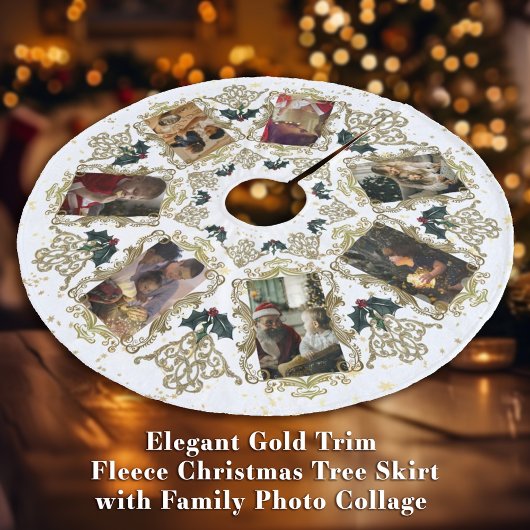 Elegante Gold Trim Family Weihnachts-FotoCollage Fleece Weihnachtsbaumdecke