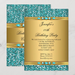 Elegante Gold Türkis Glitter Diamant Geburtstagsfe Einladung