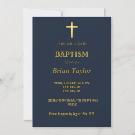 Elegante Gold Typografie Cross Taufen auf Navy Blu Einladung (Vorderseite)