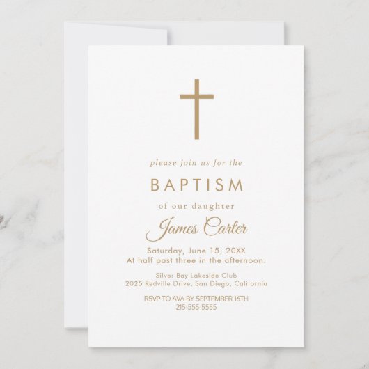 Elegante Gold Typografy Cross Baptisse Einladung (Vorderseite)