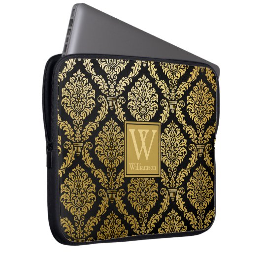 Elegante Gold- und Black Damask Print Personalisie Laptopschutzhülle (Vorne Rechts)