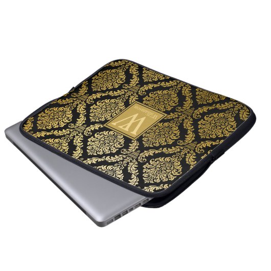 Elegante Gold- und Black Damask Print Personalisie Laptopschutzhülle (Vorne Knopf)