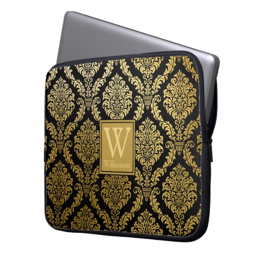 Elegante Gold- und Black Damask Print Personalisie Laptopschutzhülle (Vorderseite Links)