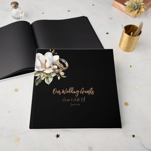Elegante Gold- und Black Wedding Rings Wedding Gästebuch (Vorderseite offen)