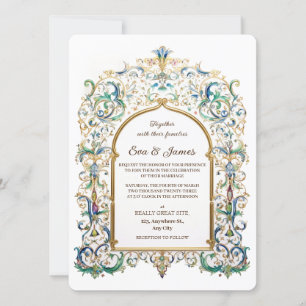 Elegante Gold- und Blaue Hochzeits Vintage-Verzier Einladung