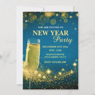 Elegante Gold- und Blaue Silvesterparty Einladung