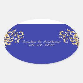 Elegante Gold- und Blue Damask Hochzeitskleber Ovaler Aufkleber