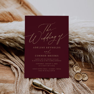 Elegante Gold- und Burgund-Kalligrafie-Hochzeit vo Einladung