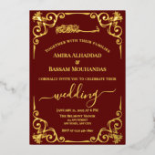 Elegante Gold- und Dunkle Rote Hochzeit Folieneinladung (Vorderseite)