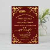 Elegante Gold- und Dunkle Rote Hochzeit Folieneinladung (Stehend vorne)