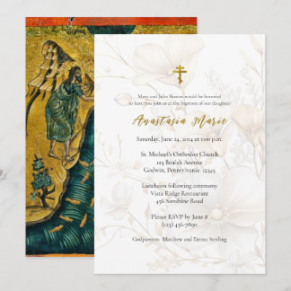 Elegante Gold- und Elfenblumen orthodoxe Taufe Einladung