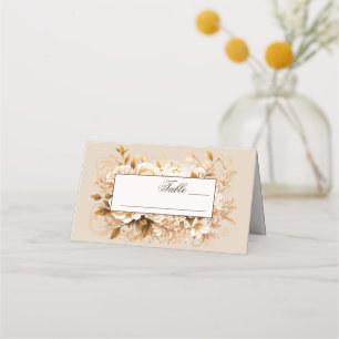 Elegante Gold- und Elfenblumenhochzeit Platzkarte