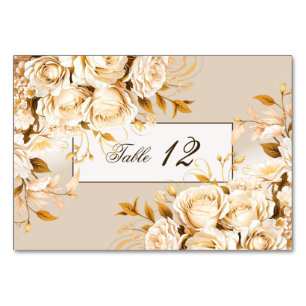 Elegante Gold- und Elfenblumenhochzeit Tischnummer