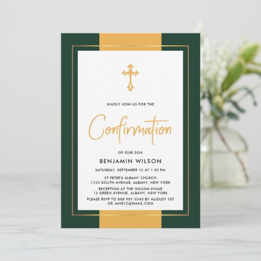 Elegante Gold- und Grünbestätigung Einladung (Stehend Vorderseite)
