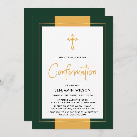 Elegante Gold- und Grünbestätigung Einladung (Vorne/Hinten)