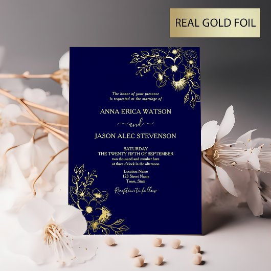 Elegante Gold- und Navy Blue Wedding Foil Einladun Folieneinladung