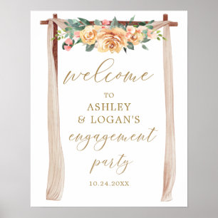 Elegante Gold- und Peach-Floral Engagement Party Poster
