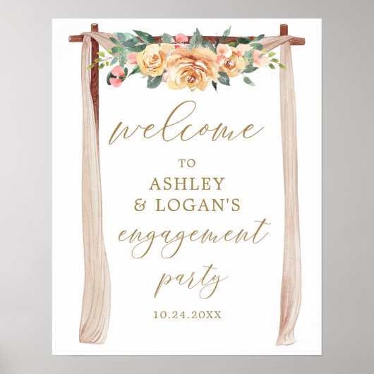 Elegante Gold- und Peach-Floral Engagement Party Poster (Vorne)