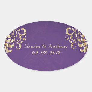 Elegante Gold- und Purpur-Damask-Hochzeitsaufklebe Ovaler Aufkleber