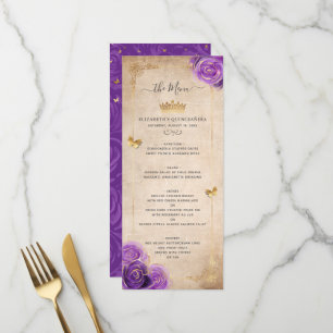 Elegante Gold- und Purpurrosen Aquarell-Blumen Menükarte