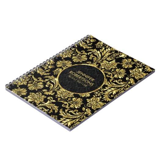Elegante Gold- und Schwarz-Flora-Damaskus Notizblock (Linke Seite)