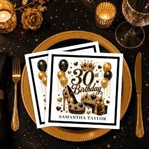 Elegante Gold- und Schwarz-Glitter 30. Geburtstags Serviette