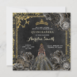 Elegante Gold- und schwarze Rosen Prinzessin Quinc Einladung