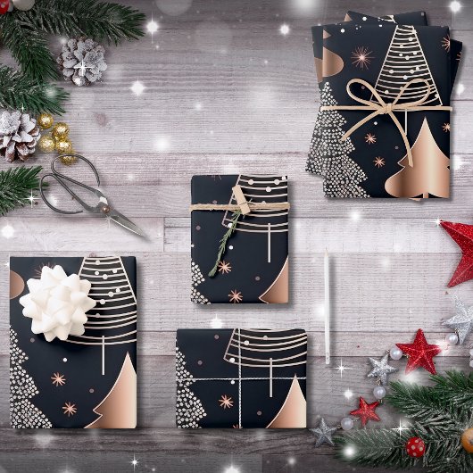 Elegante Gold- und Schwarze Weihnachtsbaumen Geschenkpapier Set