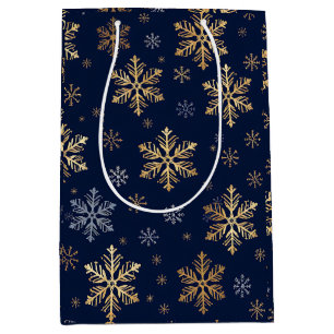 Elegante Gold- und Silber-Schneeflocken auf Navybl Mittlere Geschenktüte