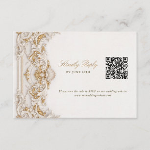 Elegante Gold- und Weiß-Barock-RSVP mit QR-Code Begleitkarte