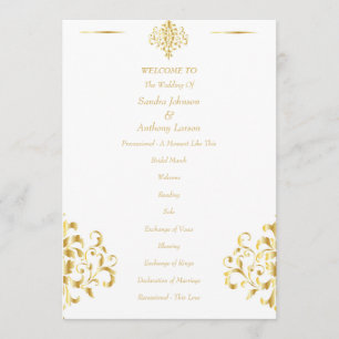 Elegante Gold- und Weiß-Damaskus-Hochzeit Programm