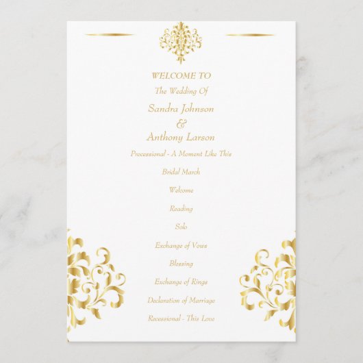 Elegante Gold- und Weiß-Damaskus-Hochzeit Programm (Vorderseite)