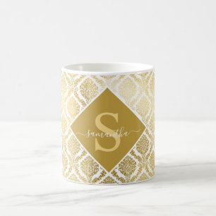 Elegante Gold- und Weiß-Damaskus-Personalisierung Kaffeetasse
