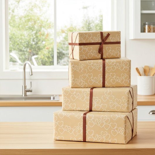 Elegante Gold- und White Decorative Herzcharmen Geschenkpapier Set