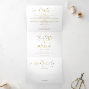 Elegante Gold-Unterschrift-Script-Foto-Hochzeit Dreifach Gefaltete Einladung