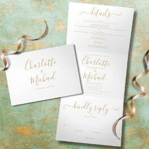 Elegante Gold-Unterschrift-Script-Monogramm-Hochze Dreifach Gefaltete Einladung