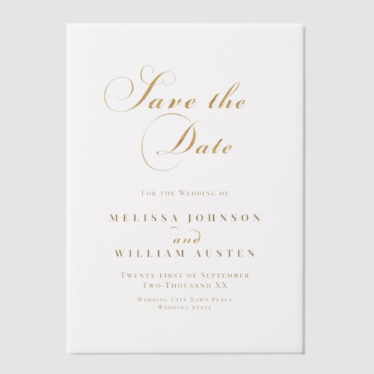 Elegante Gold Vellum Overlay Hochzeit Sichern Sie Pergament Einladungen (Vorderseite)